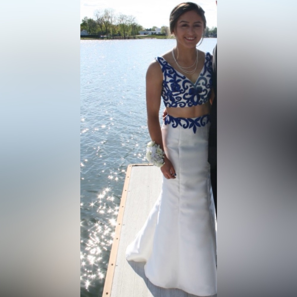 Camille La Vie Blue and White Prom Dress